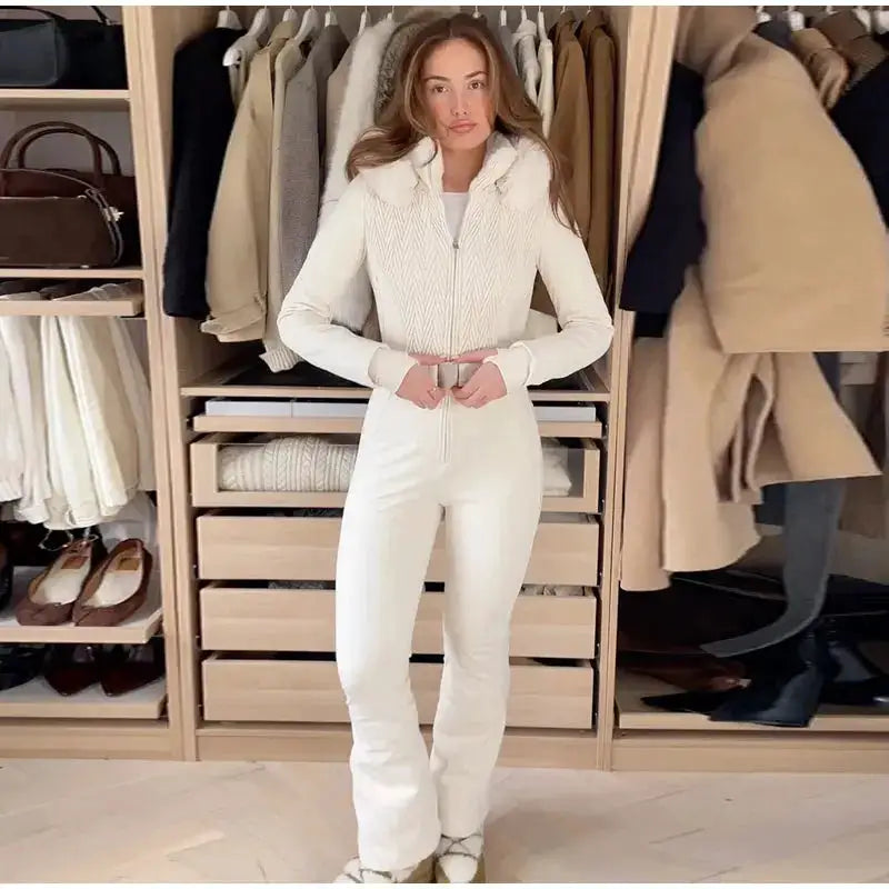 Women Fur Collar Hooded Skiwear Fashion Solid Thicken Zipper High Waist Slim Outdoor Overalls Jumpsuit Lady Winter Outwear by Dropshipman