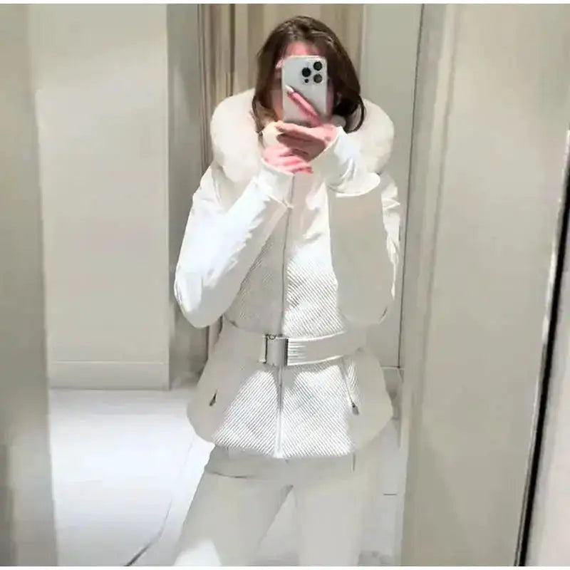 Women Fur Collar Hooded Skiwear Fashion Solid Thicken Zipper High Waist Slim Outdoor Overalls Jumpsuit Lady Winter Outwear by Dropshipman