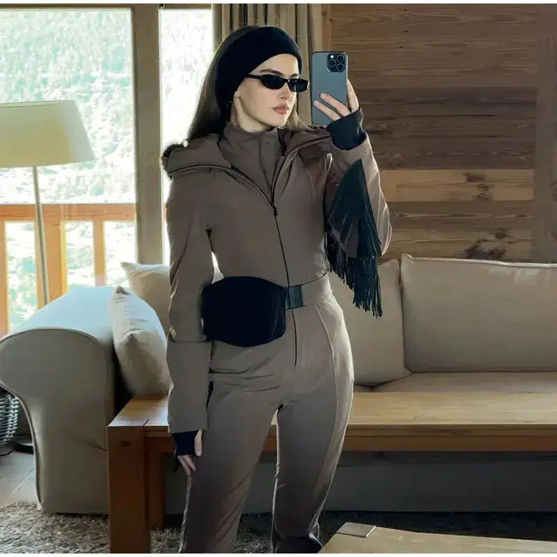 Women Fur Collar Hooded Skiwear Fashion Solid Thicken Zipper High Waist Slim Outdoor Overalls Jumpsuit Lady Winter Outwear by Dropshipman