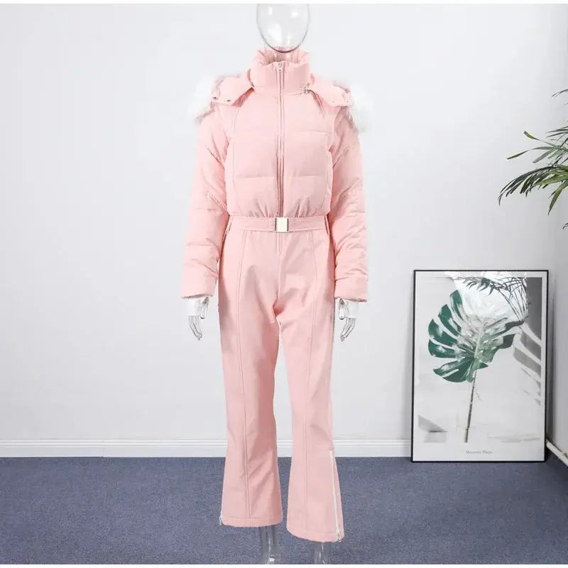 Women  Fur Collar Hooded Skiwear Fashion Solid Thicken Zipper High Waist Slim Outdoor Overalls Jumpsuit  Lady Winter Outwear SHOPEZRA L.L.C.