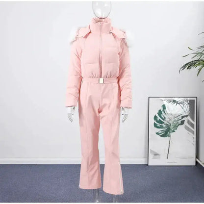 Women Fur Collar Hooded Skiwear Fashion Solid Thicken Zipper High Waist Slim Outdoor Overalls Jumpsuit Lady Winter Outwear by Dropshipman
