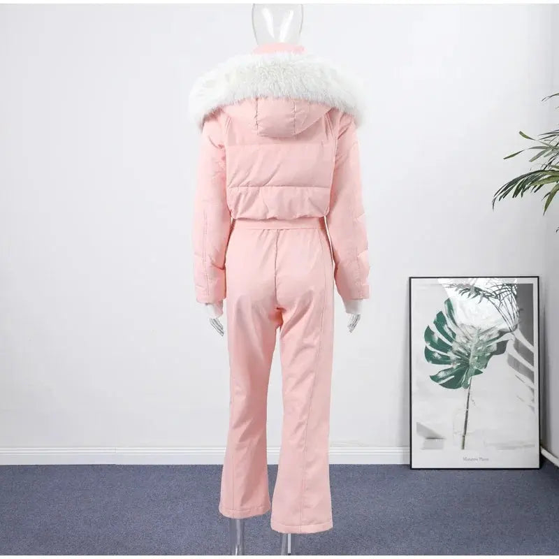 Women  Fur Collar Hooded Skiwear Fashion Solid Thicken Zipper High Waist Slim Outdoor Overalls Jumpsuit  Lady Winter Outwear SHOPEZRA L.L.C.