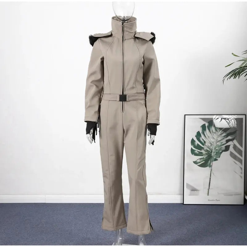 Women  Fur Collar Hooded Skiwear Fashion Solid Thicken Zipper High Waist Slim Outdoor Overalls Jumpsuit  Lady Winter Outwear SHOPEZRA L.L.C.