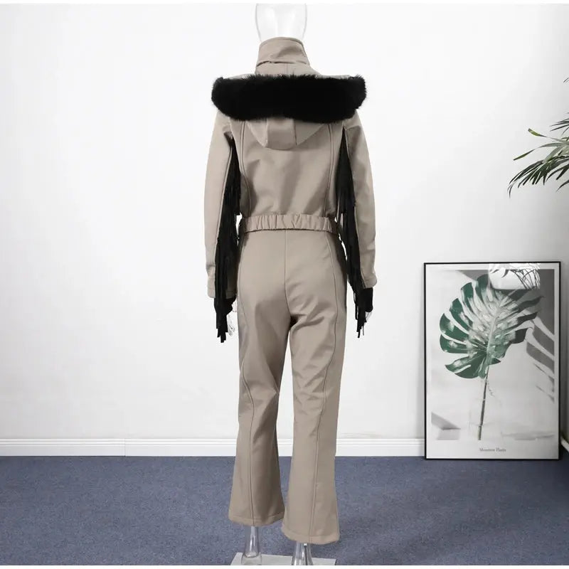 Women  Fur Collar Hooded Skiwear Fashion Solid Thicken Zipper High Waist Slim Outdoor Overalls Jumpsuit  Lady Winter Outwear SHOPEZRA L.L.C.