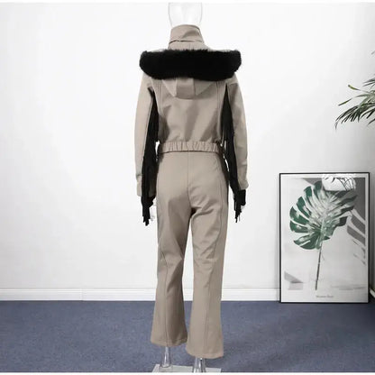 Women Fur Collar Hooded Skiwear Fashion Solid Thicken Zipper High Waist Slim Outdoor Overalls Jumpsuit Lady Winter Outwear by Dropshipman