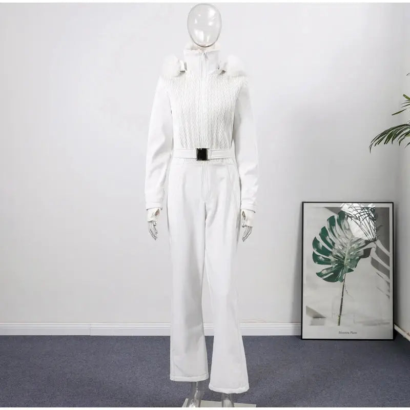 Women  Fur Collar Hooded Skiwear Fashion Solid Thicken Zipper High Waist Slim Outdoor Overalls Jumpsuit  Lady Winter Outwear SHOPEZRA L.L.C.