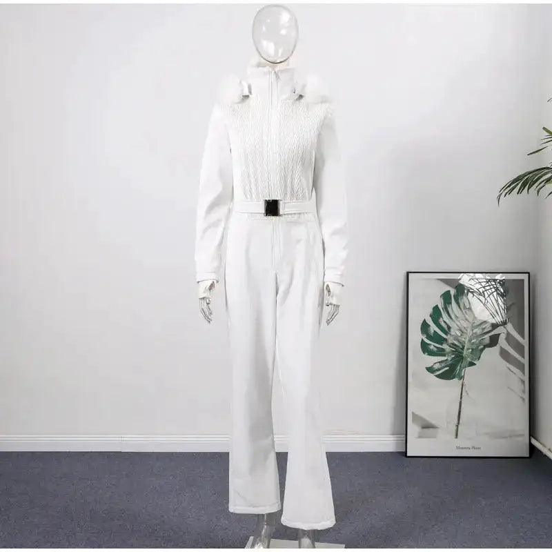 Women Fur Collar Hooded Skiwear Fashion Solid Thicken Zipper High Waist Slim Outdoor Overalls Jumpsuit Lady Winter Outwear by Dropshipman