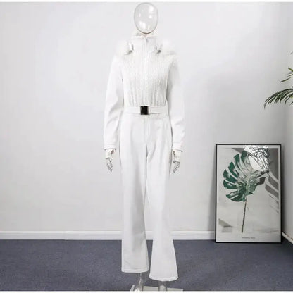 Women Fur Collar Hooded Skiwear Fashion Solid Thicken Zipper High Waist Slim Outdoor Overalls Jumpsuit Lady Winter Outwear by Dropshipman