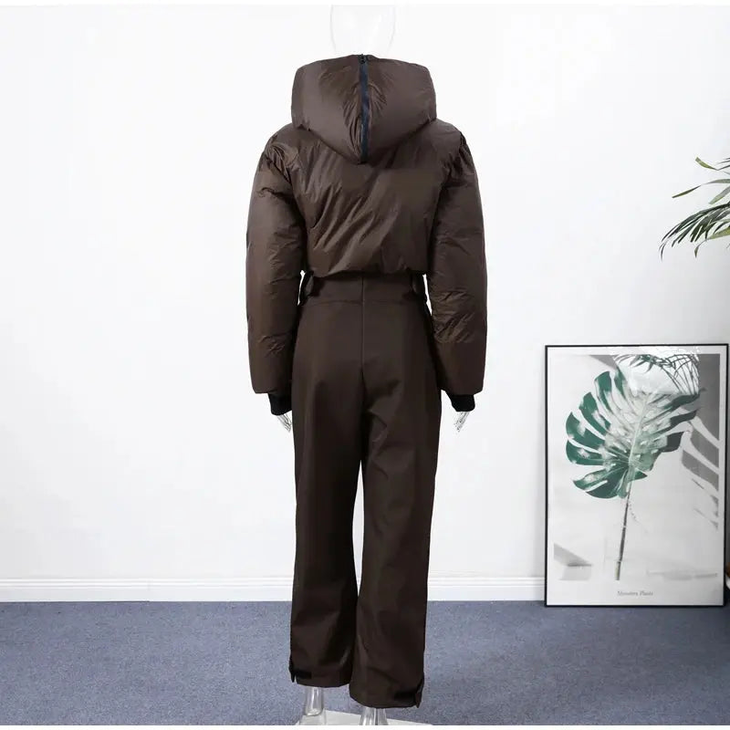 Women  Fur Collar Hooded Skiwear Fashion Solid Thicken Zipper High Waist Slim Outdoor Overalls Jumpsuit  Lady Winter Outwear SHOPEZRA L.L.C.