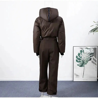 Women Fur Collar Hooded Skiwear Fashion Solid Thicken Zipper High Waist Slim Outdoor Overalls Jumpsuit Lady Winter Outwear by Dropshipman