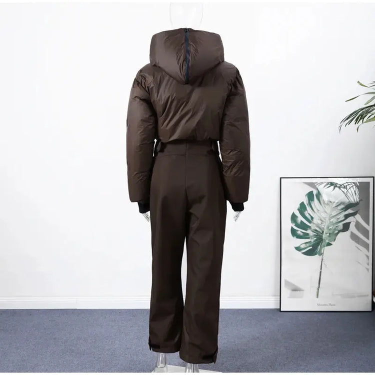 Women  Fur Collar Hooded Skiwear Fashion Solid Thicken Zipper High Waist Slim Outdoor Overalls Jumpsuit  Lady Winter Outwear SHOPEZRA L.L.C.