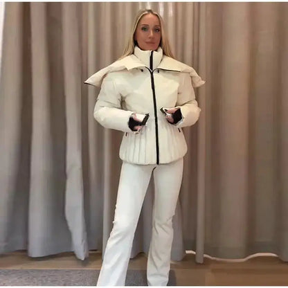 Women Fur Collar Hooded Skiwear Fashion Solid Thicken Zipper High Waist Slim Outdoor Overalls Jumpsuit Lady Winter Outwear by Dropshipman