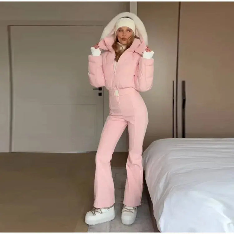 Women  Fur Collar Hooded Skiwear Fashion Solid Thicken Zipper High Waist Slim Outdoor Overalls Jumpsuit  Lady Winter Outwear SHOPEZRA L.L.C.