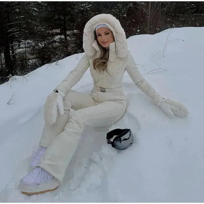 Women Fur Collar Hooded Skiwear Fashion Solid Thicken Zipper High Waist Slim Outdoor Overalls Jumpsuit Lady Winter Outwear by Dropshipman