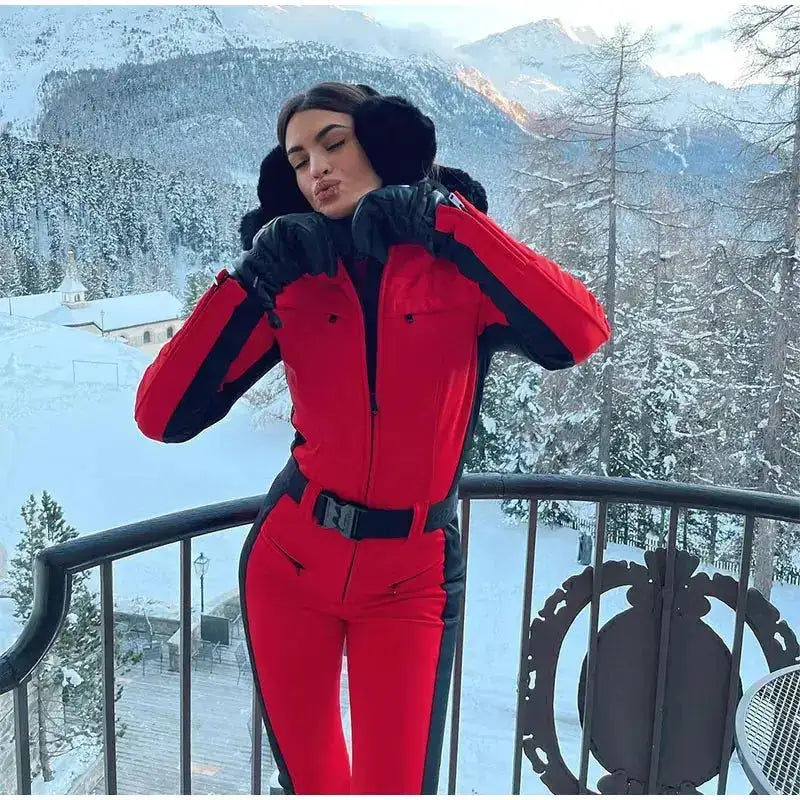 Women Fur Collar Hooded Skiwear Fashion Solid Thicken Zipper High Waist Slim Outdoor Overalls Jumpsuit Lady Winter Outwear by Dropshipman