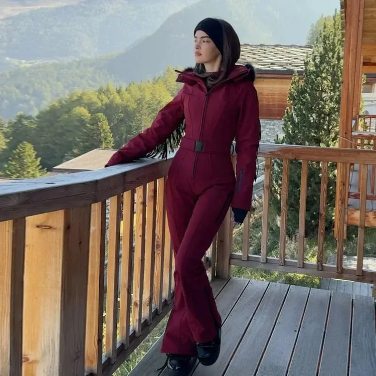 Women  Fur Collar Hooded Skiwear Fashion Solid Thicken Zipper High Waist Slim Outdoor Overalls Jumpsuit  Lady Winter Outwear SHOPEZRA L.L.C.