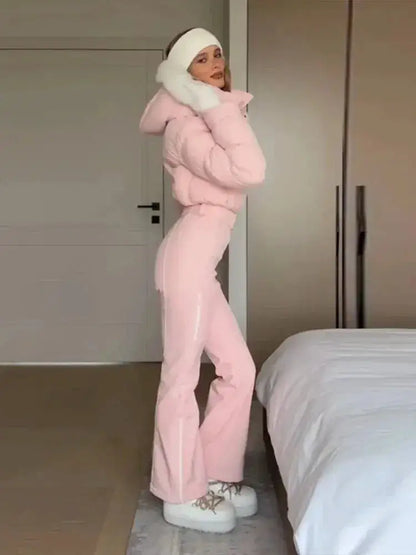 Women Fur Collar Hooded Skiwear Fashion Solid Thicken Zipper High Waist Slim Outdoor Overalls Jumpsuit Lady Winter Outwear by Dropshipman