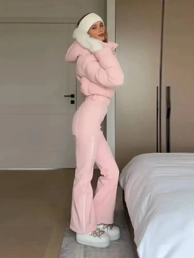 Women Fur Collar Hooded Skiwear Fashion Solid Thicken Zipper High Waist Slim Outdoor Overalls Jumpsuit Lady Winter Outwear by Dropshipman