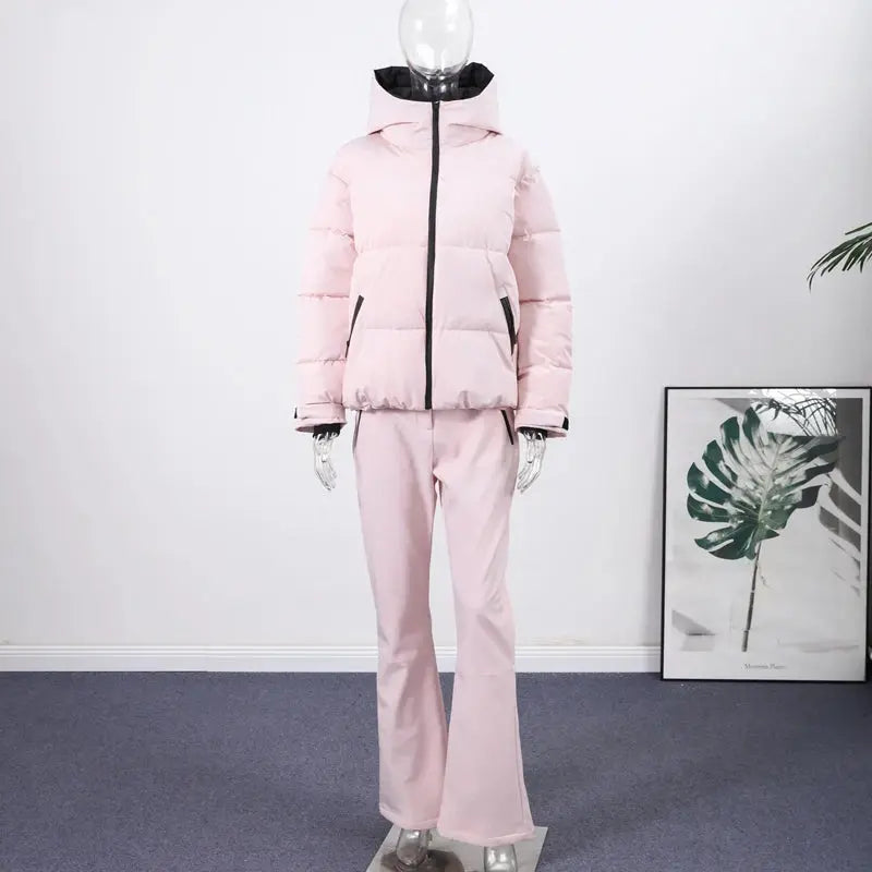 Pink women's fur collar hooded skiwear jumpsuit with thick fabric, high waist, zipper closure, and slim fit for winter outdoor activities.