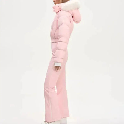 Women Fur Collar Hooded Skiwear Fashion Solid Thicken Zipper High Waist Slim Outdoor Overalls Jumpsuit Lady Winter Outwear by Dropshipman