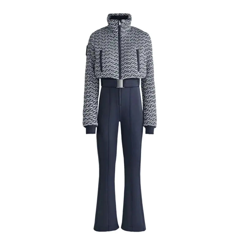 Pink women’s fur collar hooded skiwear jumpsuit with high waist, thick fabric, zipper front, and slim fit for winter outdoor activities.