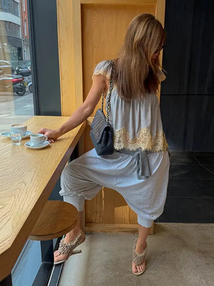 Lace Spliced Square Neck Spaghetti Strap Blouse Loose Fit Cropped 2026 Summer Women Chiffon Top Causal Delicate Lady Blusa by Dropshipman