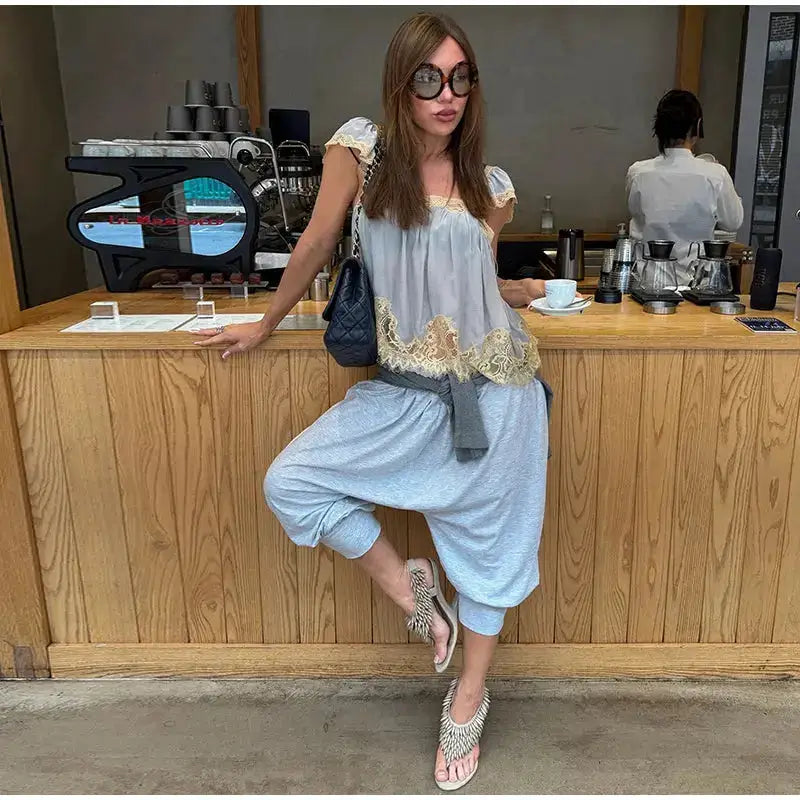 Lace Spliced Square Neck Spaghetti Strap Blouse Loose Fit Cropped 2026 Summer Women Chiffon Top Causal Delicate Lady Blusa by Dropshipman