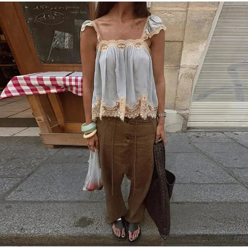 Lace Spliced Square Neck Spaghetti Strap Blouse Loose Fit Cropped 2026 Summer Women Chiffon Top Causal Delicate Lady Blusa by Dropshipman