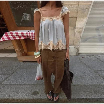 Lace Spliced Square Neck Spaghetti Strap Blouse Loose Fit Cropped 2026 Summer Women Chiffon Top Causal Delicate Lady Blusa by Dropshipman