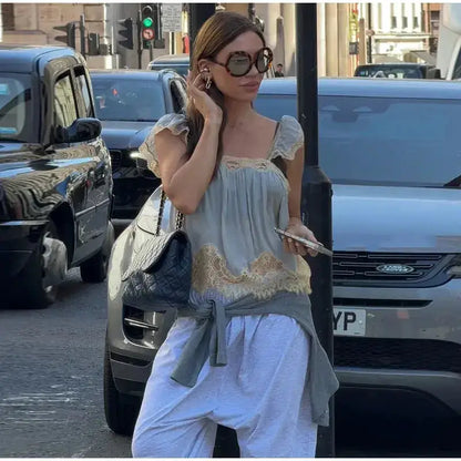 Lace Spliced Square Neck Spaghetti Strap Blouse Loose Fit Cropped 2026 Summer Women Chiffon Top Causal Delicate Lady Blusa by Dropshipman