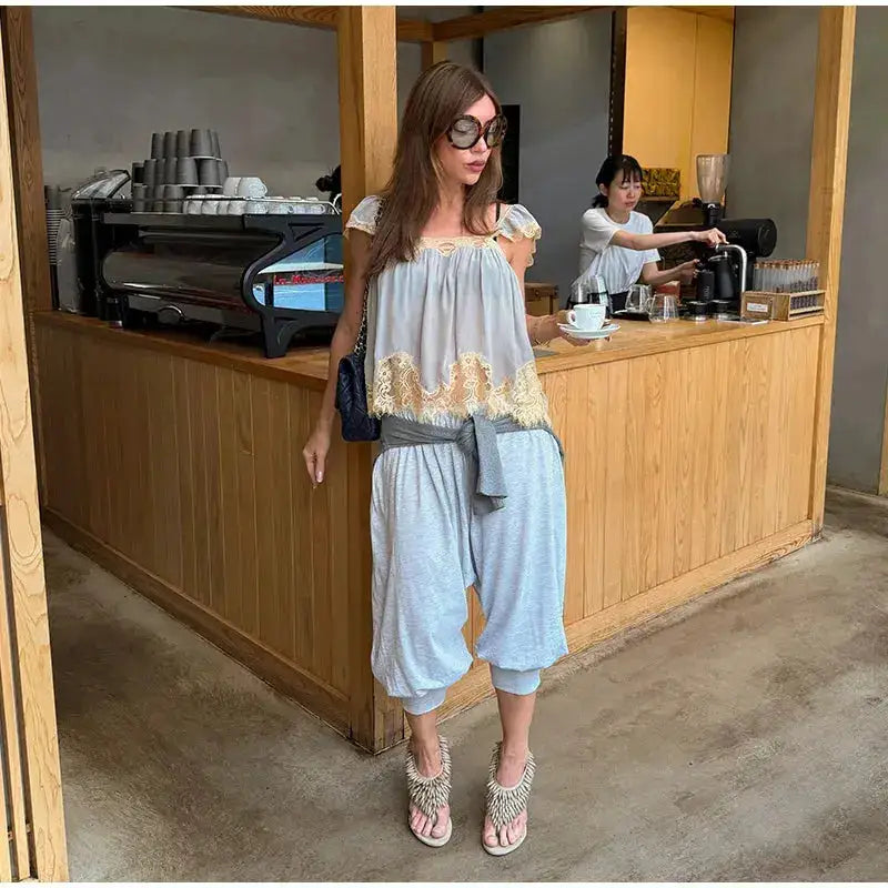 Lace Spliced Square Neck Spaghetti Strap Blouse Loose Fit Cropped 2026 Summer Women Chiffon Top Causal Delicate Lady Blusa by Dropshipman