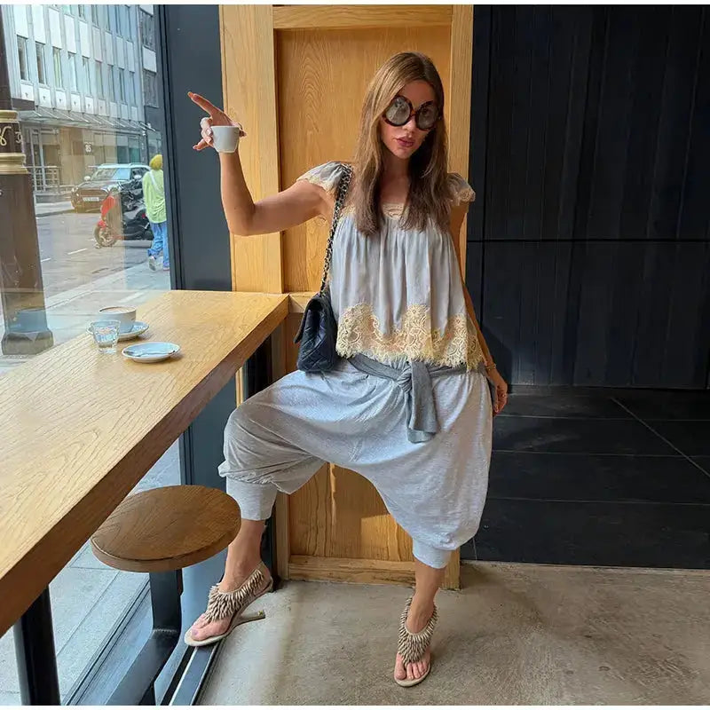 Lace Spliced Square Neck Spaghetti Strap Blouse Loose Fit Cropped 2026 Summer Women Chiffon Top Causal Delicate Lady Blusa by Dropshipman