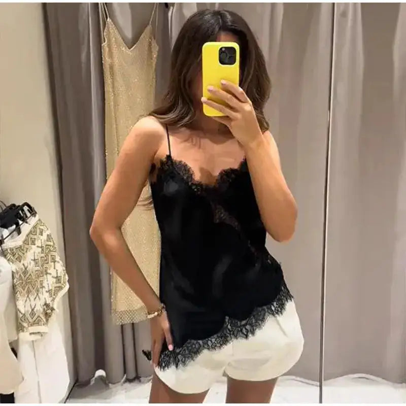 Lace Spliced Square Neck Spaghetti Strap Blouse Loose Fit Cropped 2026 Summer Women Chiffon Top Causal Delicate Lady Blusa by Dropshipman