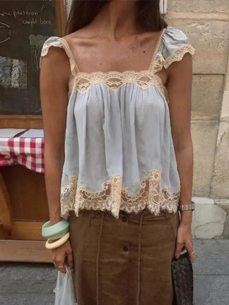 Lace Spliced Square Neck Spaghetti Strap Blouse Loose Fit Cropped 2026 Summer Women Chiffon Top Causal Delicate Lady Blusa by Dropshipman