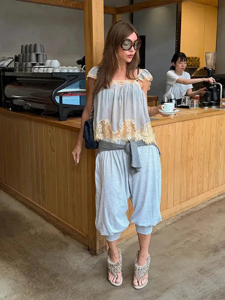 Lace Spliced Square Neck Spaghetti Strap Blouse Loose Fit Cropped 2026 Summer Women Chiffon Top Causal Delicate Lady Blusa by Dropshipman