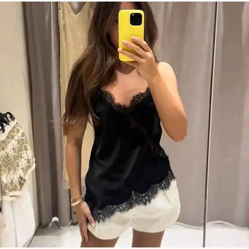 Lace Spliced Square Neck Spaghetti Strap Blouse Loose Fit Cropped 2026 Summer Women Chiffon Top Causal Delicate Lady Blusa by Dropshipman