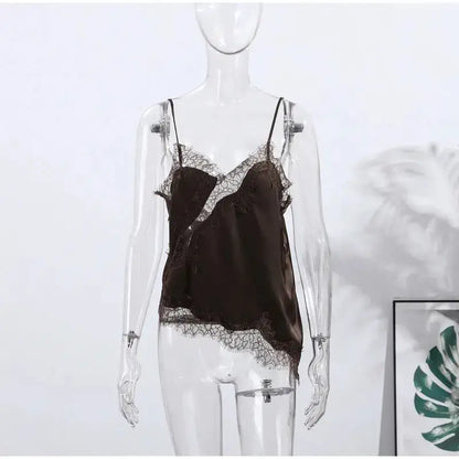 Lace Spliced Square Neck Spaghetti Strap Blouse Loose Fit Cropped 2026 Summer Women Chiffon Top Causal Delicate Lady Blusa by Dropshipman