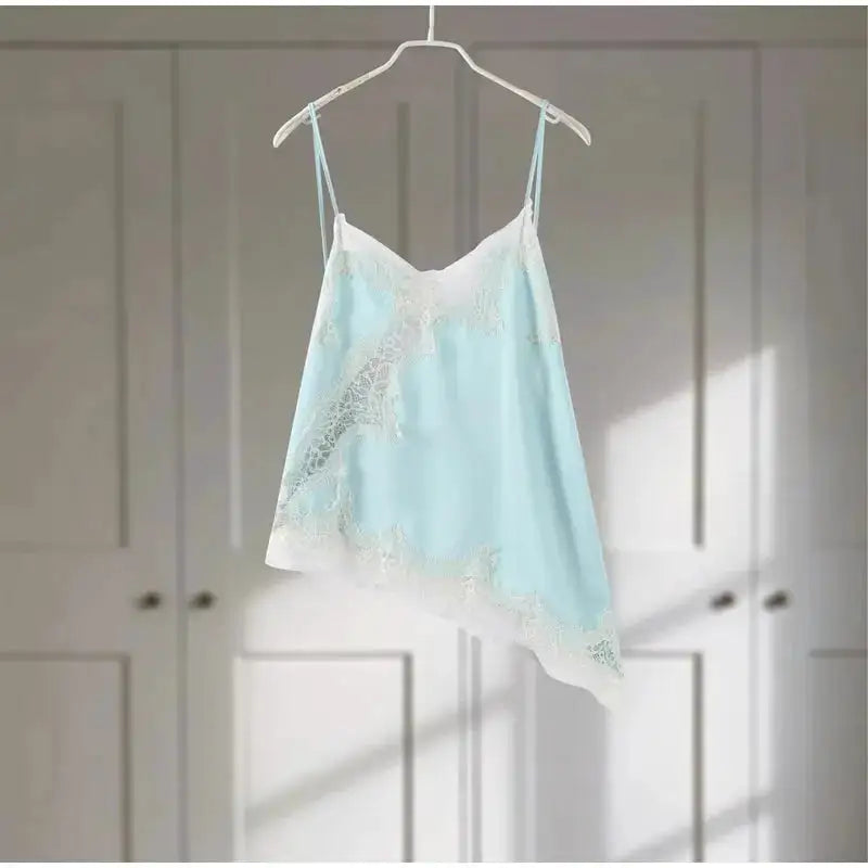 Lace Spliced Square Neck Spaghetti Strap Blouse Loose Fit Cropped 2026 Summer Women Chiffon Top Causal Delicate Lady Blusa by Dropshipman