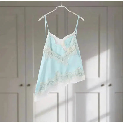 Lace Spliced Square Neck Spaghetti Strap Blouse Loose Fit Cropped 2026 Summer Women Chiffon Top Causal Delicate Lady Blusa by Dropshipman