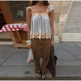 Lace Spliced Square Neck Spaghetti Strap Blouse Loose Fit Cropped 2026 Summer Women Chiffon Top Causal Delicate Lady Blusa SHOPEZRA L.L.C.