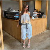 Lace Spliced Square Neck Spaghetti Strap Blouse Loose Fit Cropped 2026 Summer Women Chiffon Top Causal Delicate Lady Blusa SHOPEZRA L.L.C.
