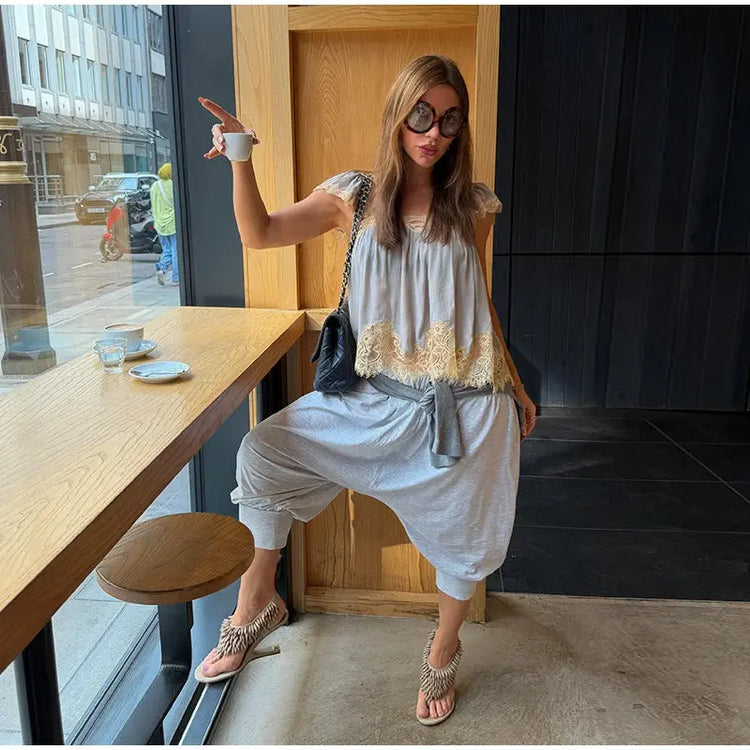 Lace Spliced Square Neck Spaghetti Strap Blouse Loose Fit Cropped 2026 Summer Women Chiffon Top Causal Delicate Lady Blusa SHOPEZRA L.L.C.