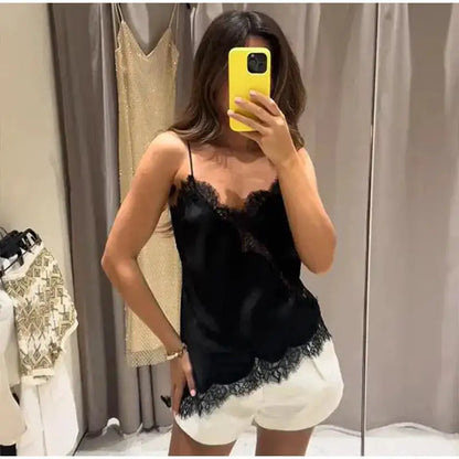 Lace Spliced Square Neck Spaghetti Strap Blouse Loose Fit Cropped 2026 Summer Women Chiffon Top Causal Delicate Lady Blusa by Dropshipman