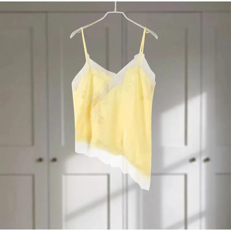 Lace Spliced Square Neck Spaghetti Strap Blouse Loose Fit Cropped 2026 Summer Women Chiffon Top Causal Delicate Lady Blusa SHOPEZRA L.L.C.