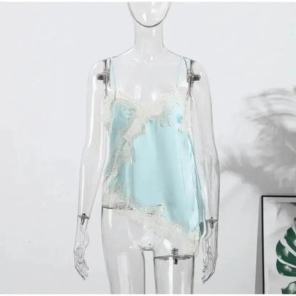Lace Spliced Square Neck Spaghetti Strap Blouse Loose Fit Cropped 2026 Summer Women Chiffon Top Causal Delicate Lady Blusa by Dropshipman
