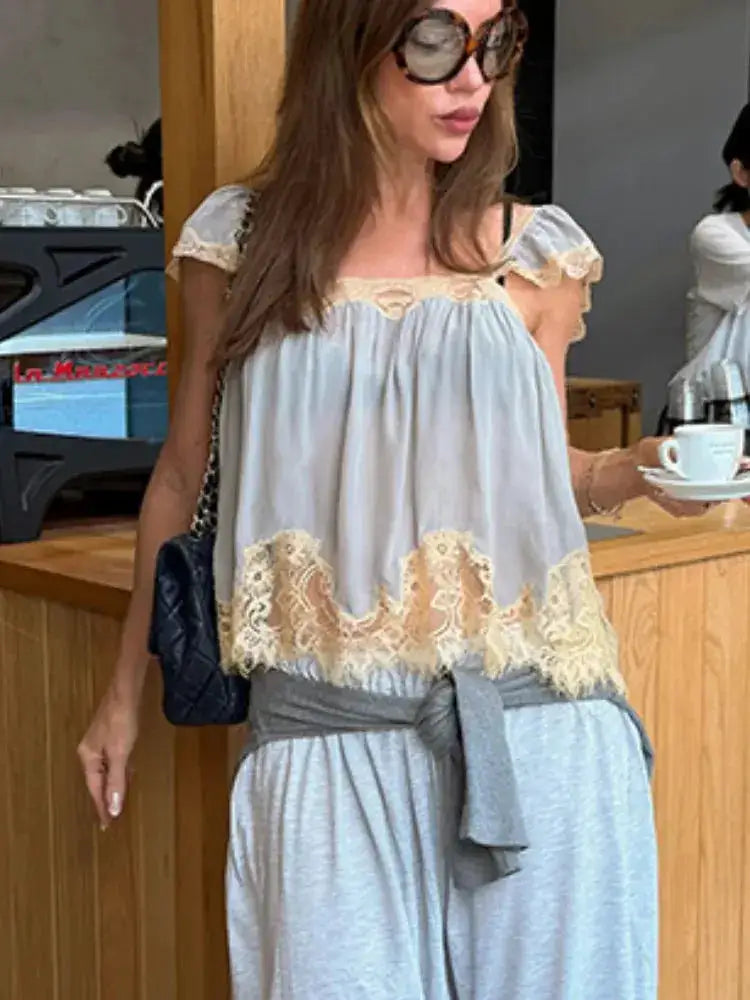 Lace Spliced Square Neck Spaghetti Strap Blouse Loose Fit Cropped 2026 Summer Women Chiffon Top Causal Delicate Lady Blusa by Dropshipman