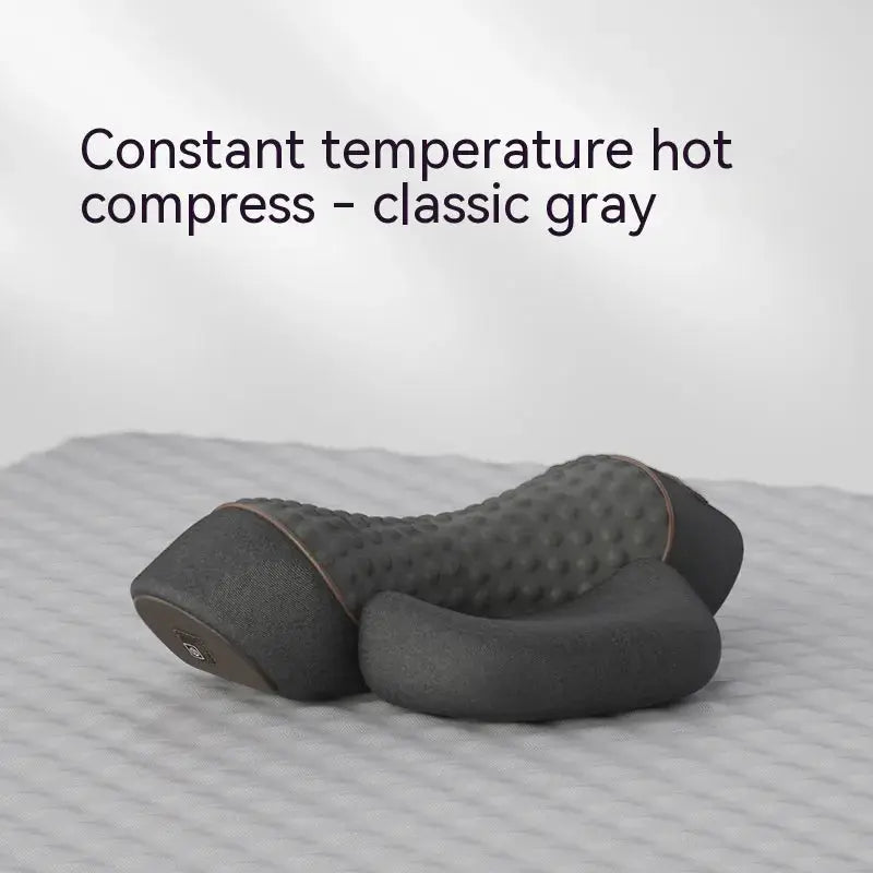 Heated cervical spine care pillow in classic gray with constant temperature hot compress design for neck support.