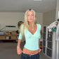 2026 Sweet Mint Color Deep V-neck Mid-sleeve Cropped Top Wrap Smocked Bust Fitted Top Women&