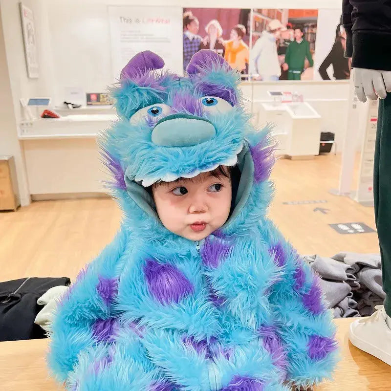 Cute animal baby jumpsuit with hood and zipper, designed for infants, in soft fabric with adorable animal print.