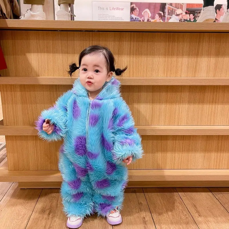 Cute animal-themed baby jumpsuit with hood and zipper from SHOPEZRA L.L.C., featuring a soft fabric and playful animal design.
